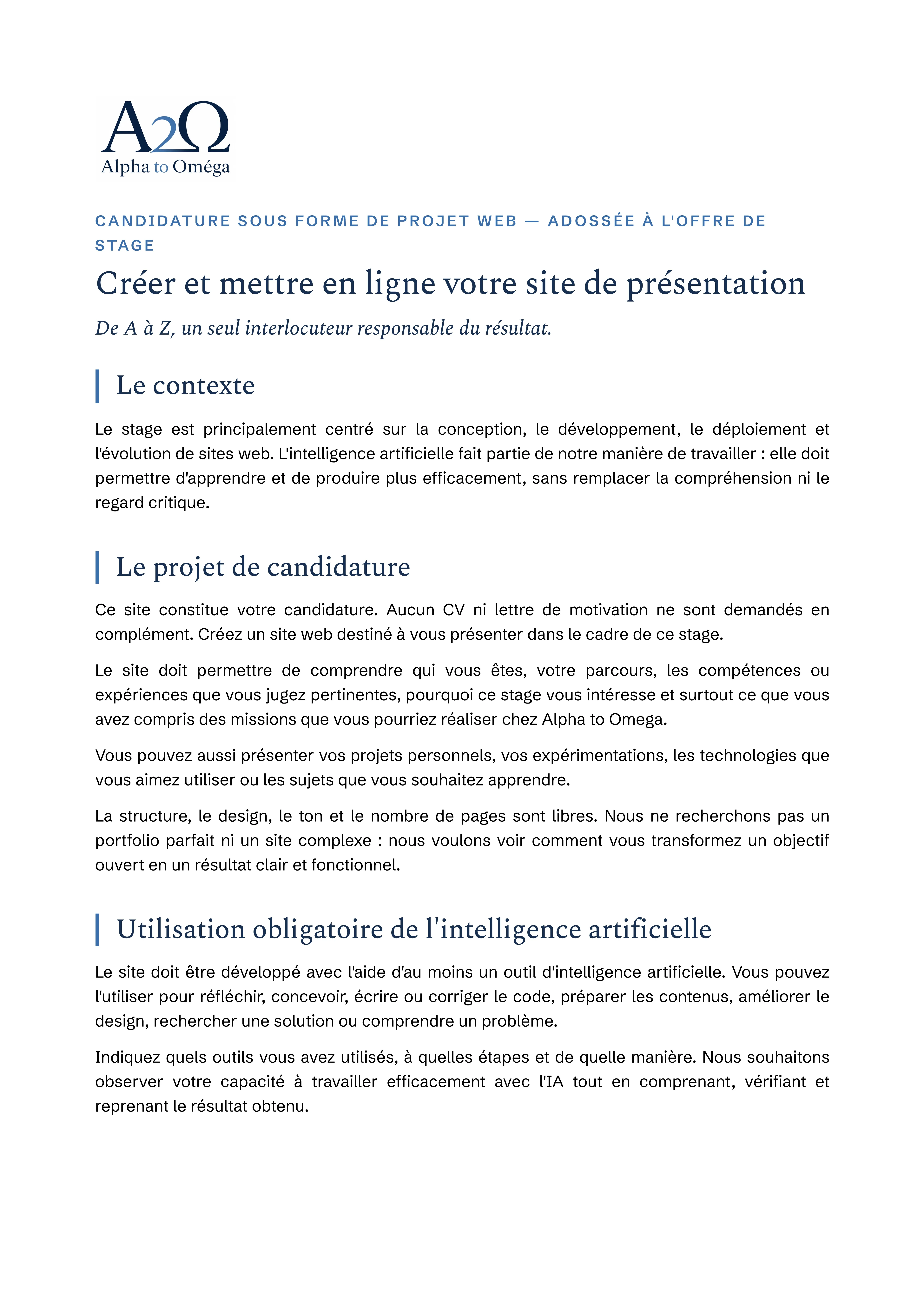 Page du document d'Alpha to Omega : Candidature, p. 1